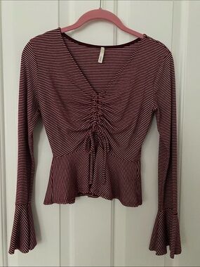 Sage Burgundy and White Striped Ruched Peplum Long-Sleeve Top